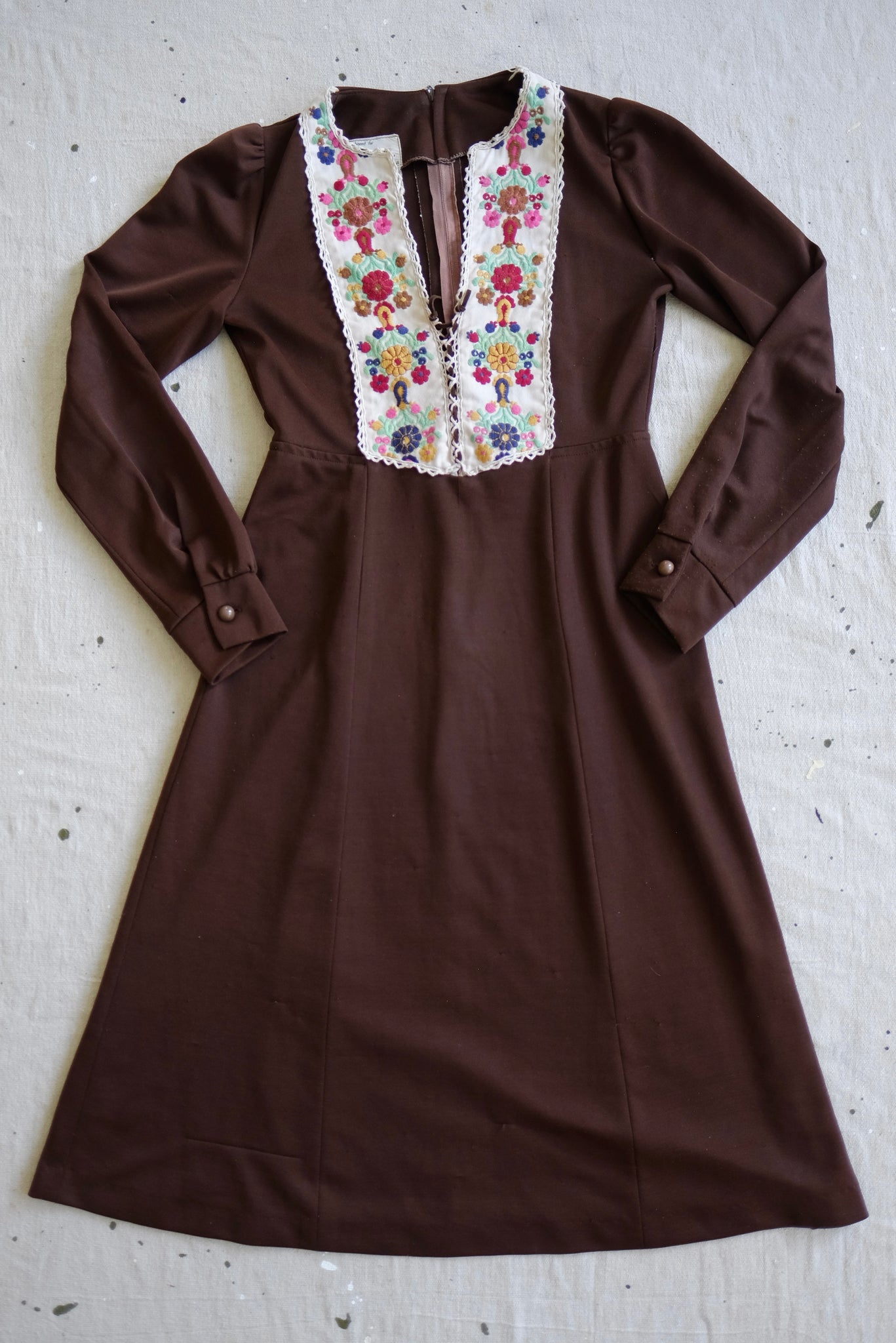 70s Brown Embroidered Dress - XS/S