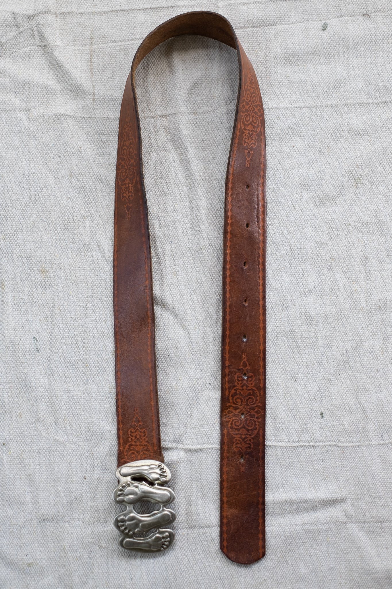 Vintage Tooled Leather Waist Belt with Feet Buckle (25.5"-34.5")