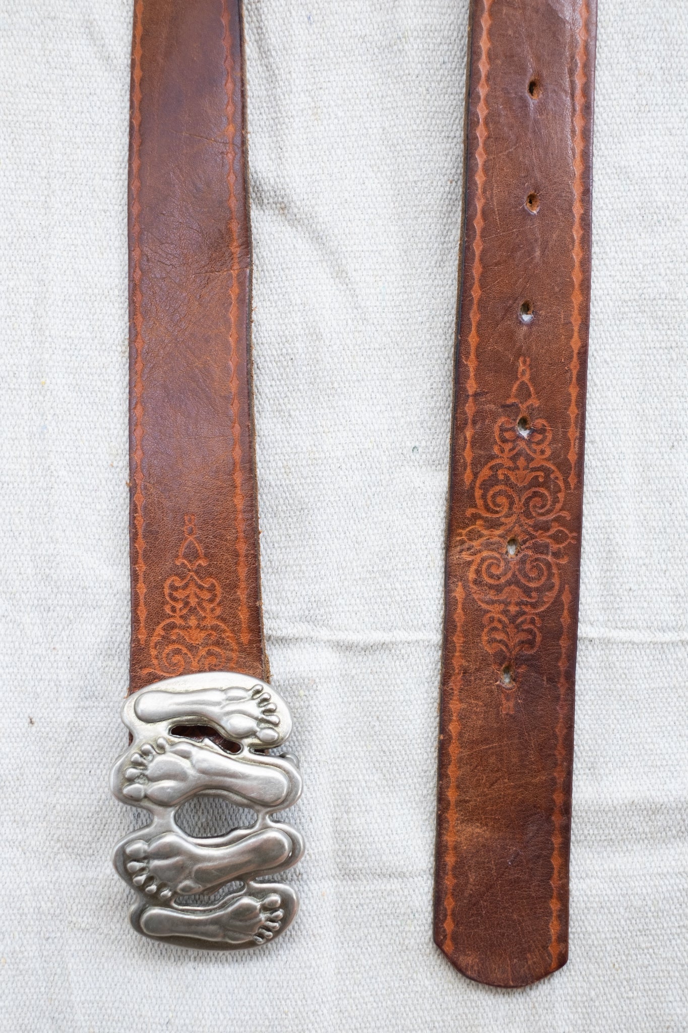 Vintage Tooled Leather Waist Belt with Feet Buckle (25.5"-34.5")